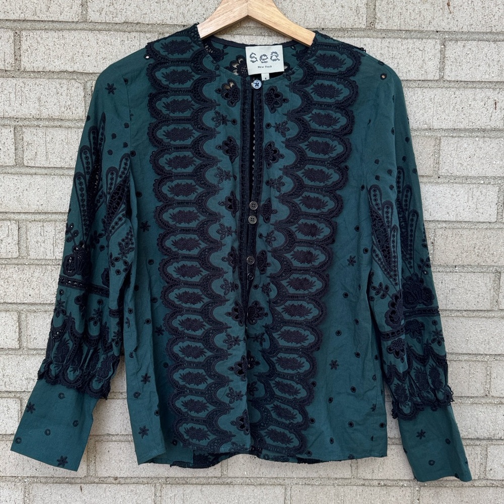 Sea New York Teal Embroidered Eyelet Button Front Long Sleeve Artisan Boho Sz 4